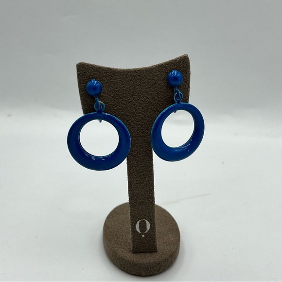 Vintage enamel Modern Blue Geometric Hoop Earrings - Picture 1 of 5